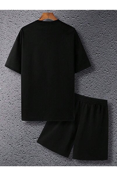 CLAYES 1998 Usa T-Shirt Shorts - Black Bottom Top Combination Shorts T-Shirt Set Printed Oversize Crew Neck