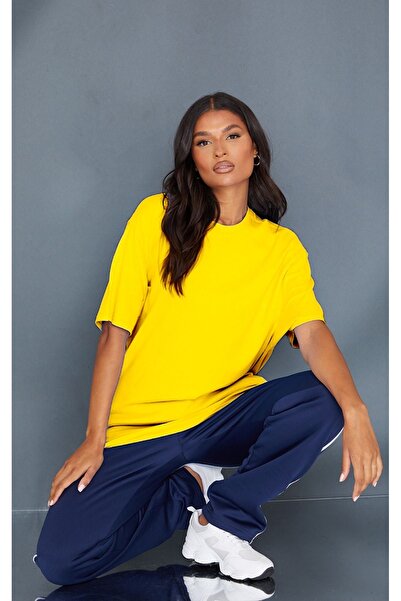 DUBU BUTİK Plain Single Jersey T-Shirt - Yellow Oversize Crew Neck Short Sleeve T-Shirt