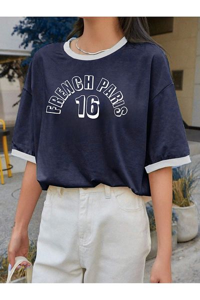 CLAYES Paris Pattern - Navy Blue Oversize T-Shirt, Crew Neck