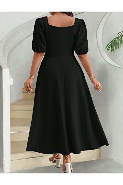 Styling Park Balon Kol Kare Yaka Kısa Kollu Midi Boy Elbise