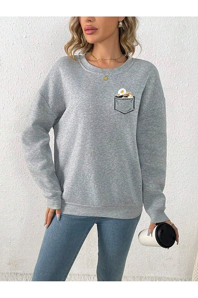 CLAYES Hanorac cu model de margarete cu design de buzunar - Imprimat gri, supradimensionat, gros, de iarnă, cu gât crepus
