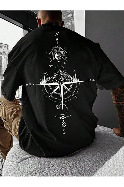 CLAYES Compass Single Jersey Black T-Shirt - Oversize Crew Neck, Short Sleeve Printed