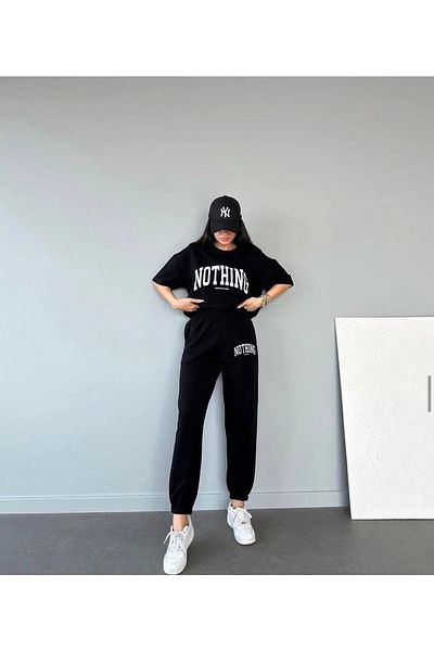 CLAYES Nothing T-shirt Sweatpants Jogger- Μαύρη στάμπα στο κάτω μέρος Κορυφή αθλητική φόρμα Oversize Crew Neck