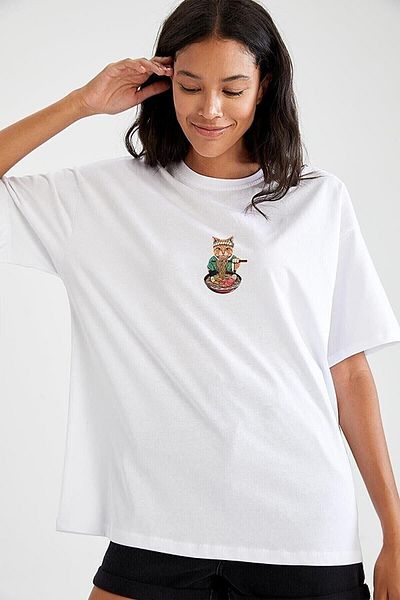 CLAYES Λευκό εμπριμέ διάφανο μπλουζάκι γάτας - Oversize Crew Neck, κοντομάνικο