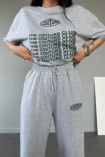 CLAYES Couture Club T-shirt Φούτερ Jogger- Γκρι εμπριμέ στο κάτω μέρος Φούτερ κοστούμι Oversize Crew Neck