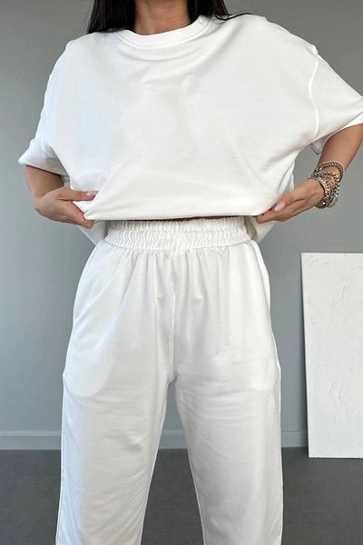 CLAYES Λευκό Oversize Jogger Tracksuit Σετ - Crew Neck, ίσια κοπή
