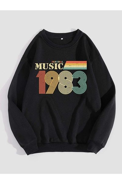 VBSVİBES Hanorac unisex negru supradimensionat, 1983, cu imprimeu muzical, cu gâtul rotund
