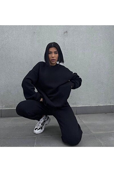 CLAYES Black Oversize Sweatshirt Jogger Set - Raised Crew Neck
