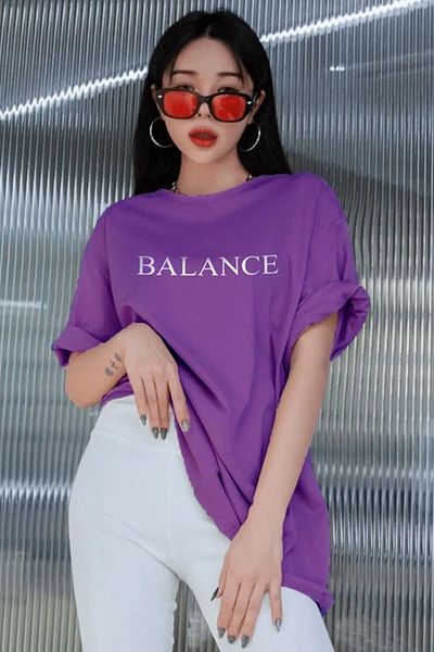 CLAYES Μωβ εμπριμέ Balance Written Oversize T-Shirt - Crew Neck, κοντό μανίκι