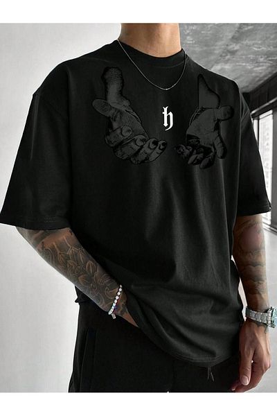 DUBU BUTİK Ανδρικό μπλουζάκι με στάμπα χεριού Oversize Μαύρο εμπριμέ - Μπλουζάκι με κοντό μανίκι με λαιμόκοψη
