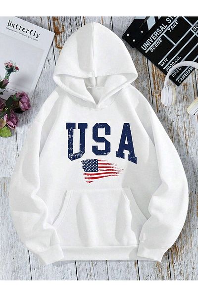CLAYES Φούτερ USA Flag - Λευκή στάμπα Oversize Hooded