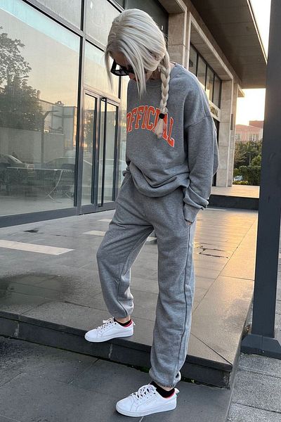 CLAYES Official Tracksuit Set Sweatshirt Jogger - Gray Printed Oversize Raised Crew Neck