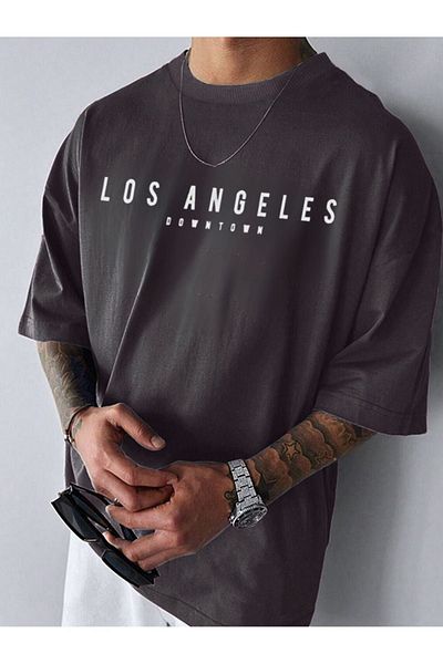 DUBU BUTİK Los Angeles Downtown Single Jersey T-shirt - Smoke printed Oversize Crew Neck Short Sleeve T-shirt