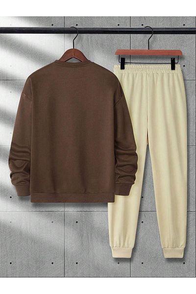 DUBU BUTİK Σετ φόρμας Make It - Καφέ φούτερ και μπεζ Jogger, Crew Neck, Oversized Cut
