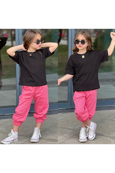 JOYBOY KİDS T-Shirt Sweatpants Top 2-Pack Unprinted Girl's Set