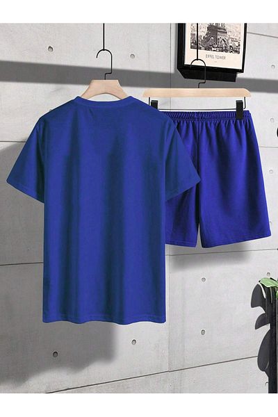 DUBU BUTİK New York Printed Oversize Striped T-Shirt and Shorts Set - Saxs Bottom Top Combination, Crew Neck