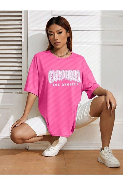 CLAYES Μπλουζάκι με ροζ εμπριμέ California Letter Oversize - Crew Neck, κοντό μανίκι