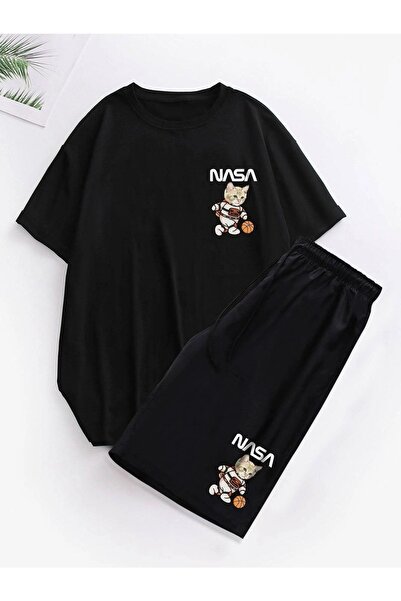 VBSVİBES Чорний костюм футболки з принтом кота Nasa з сортуванням