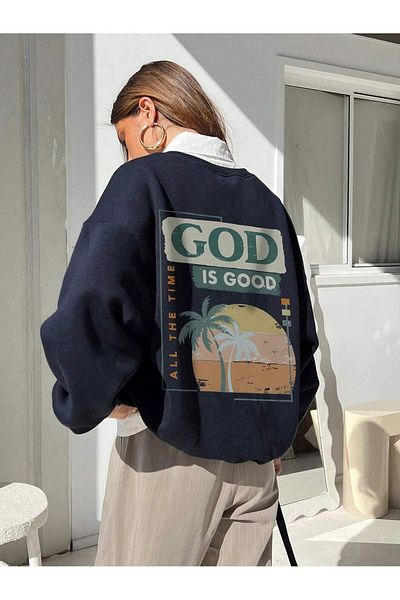 DUBU BUTİK God Is Good Winter Thick Sweatshirt - Navy Blue Printed Oversize Thick Winter Crew Neck