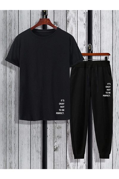 CLAYES It's Okey T-shirt Sweatpants Jogger- Black Printed Bottom Top Tracksuit Suit Oversize Crew Neck
