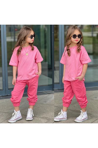JOYBOY KİDS T-Shirt Sweatpants Top 2-Pack Unprinted Girl's Set