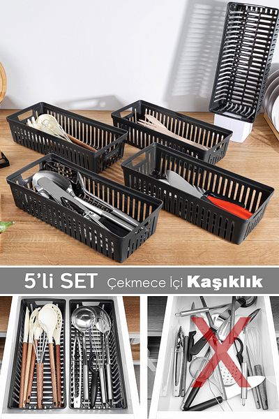 Meleni Home Σετ 5 αρθρωτών μαχαιροπήρουνων - Organizer κουζίνας Συρτάρι Organizer Μαχαιροπήρουνα Μαύρο