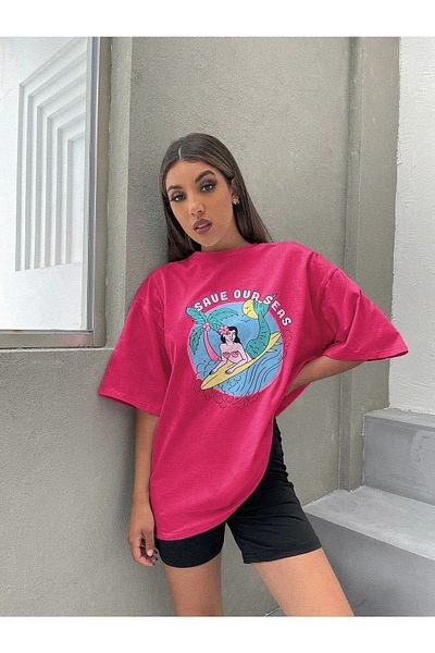 CLAYES Μπλουζάκι με στάμπα Pink Save Our Seas Oversize - Crew Neck