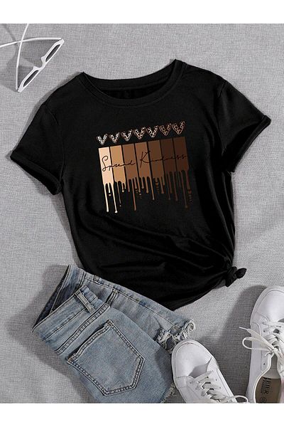 CLAYES Leopard Pattern Hearts Single Jersey T-Shirt - Black Printed Oversize Crew Neck Short Sleeve T-Shirt