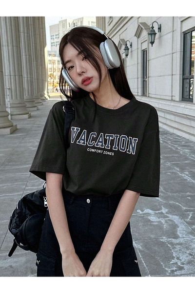 VBSVİBES Unisex Black Oversize Vacation Printed Knitted T-shirt