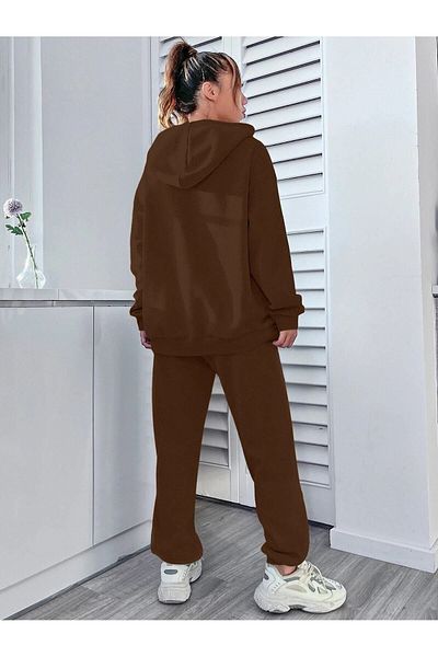CLAYES Σετ αθλητικής φόρμας Happiness Φούτερ Jogger - Καφέ στάμπα Oversize με κουκούλα