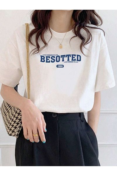 VBSVİBES Unisex White Oversize Besotted Printed Knitted T-shirt