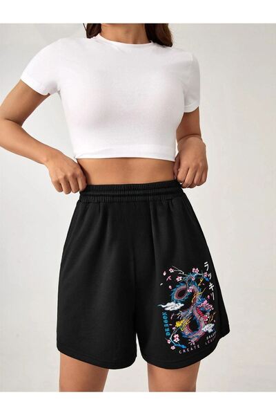 CLAYES Black Short Colored Dragon Shorts - Combed Cotton Printed Cord