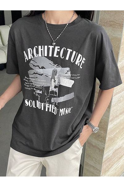 DUBU BUTİK Architecture Single Jersey T-Shirt - Smoke Printed Oversize Crew Neck Short Sleeve T-Shirt