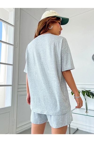 CLAYES Love T-shirt Σορτς - Γκρι 2 τεμαχίων συνδυασμένο σορτς T-shirt Σετ με στάμπα Oversize Crew Neck