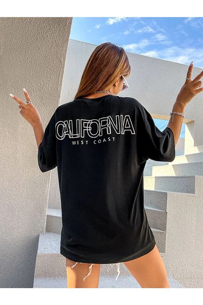VBSVİBES Tricou negru oversiz California tricotat cu imprimeu