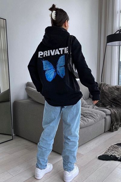 CLAYES Private Butterfly Sweatshirt - Μαύρη στάμπα Oversize Hooded