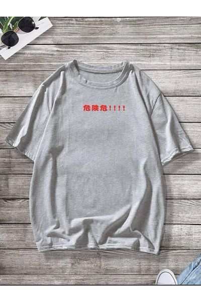 VBSVİBES Ανδρικό μπλουζάκι σε γκρι Oversize Japanese Dinosaur printed