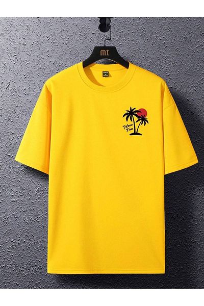 CLAYES Hve Fun Palm Single Jersey T-Shirt - Κίτρινο εμπριμέ, υπερμεγέθη λαιμόκοψη