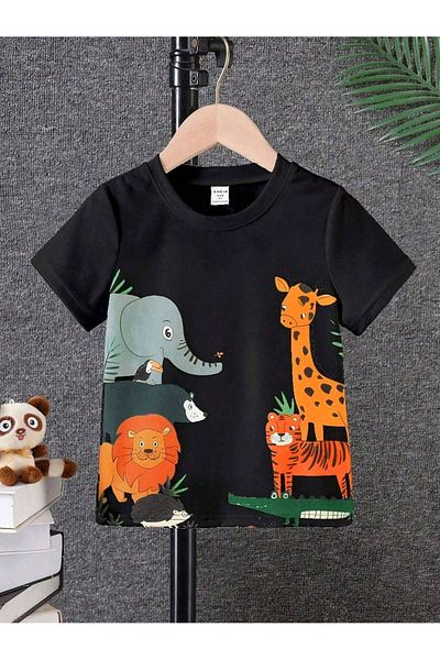 CLAYES Animals Cotton Children's T-Shirt - Black Printed Girls Boys' Summer Crew Neck T-Shirt