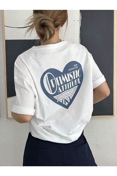 CLAYES Tricou Optimistic Attitude - Tricou cu mânecă scurtă oversize cu mânecă scurtă cu imprimeu alb