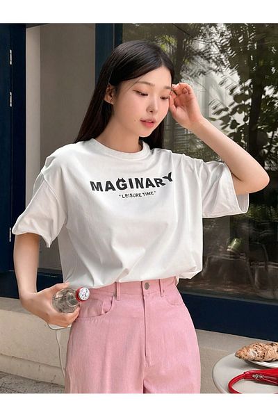 DUBU BUTİK Maginary Single Jersey Oversize T-Shirt - White Printed, Crew Neck