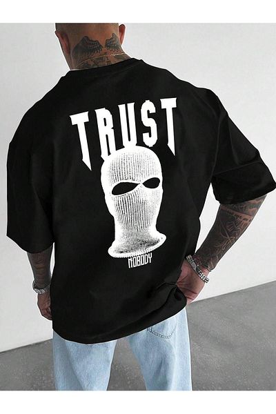 CLAYES Trust Mast Single Jersey T-Shirt - Black Printed Oversize Crew Neck Short Sleeve T-Shirt