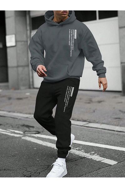 DUBU BUTİK Σετ αθλητικής φόρμας Innovation - Smoked Sweatshirt and Jogger, Black Oversize Hooded