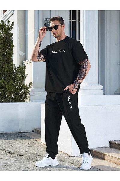 CLAYES Balance T-shirt Sweatpants Jogger- Μαύρο εμπριμέ στο κάτω μέρος Sweat Suit Oversize Crew Neck