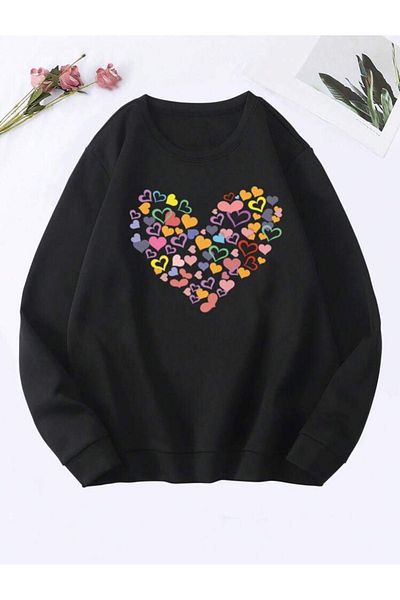 VBSVİBES Hanorac oversize pentru femei, negru, cu imprimeu HEART