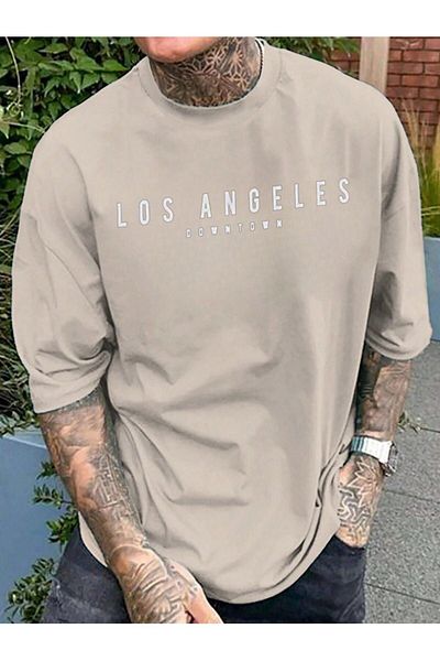 DUBU BUTİK Los Angeles Downtown Single Jersey T-Shirt - Beige printed Oversize Crew Neck shortsleeve T-shirt