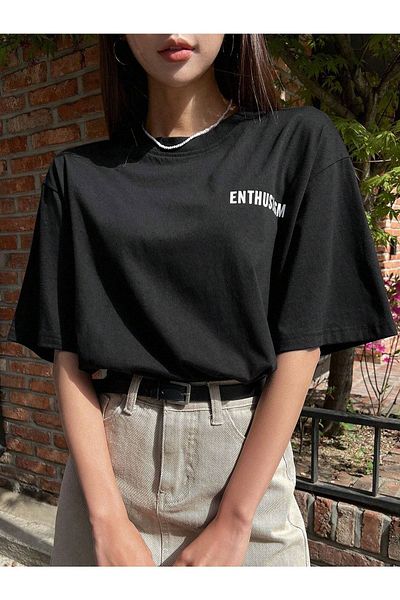 VBSVİBES Unisex Μαύρο Oversize Enthusiasm εμπριμέ πλεκτό μπλουζάκι
