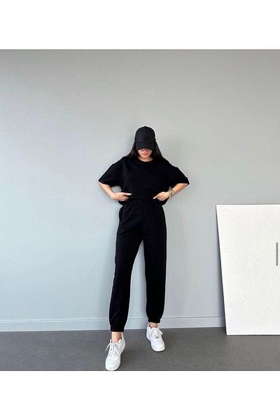 CLAYES Basic T-shirt Sweatpants Jogger Μαύρο Flat Top Top Σετ φόρμας Oversize Crew Neck