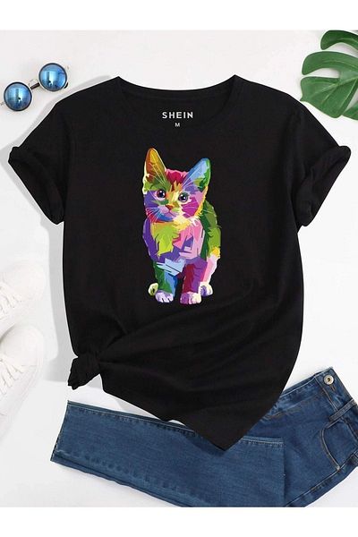 VBSVİBES Tricou tricotat oversize unisex cu imprimeu pisică neagră