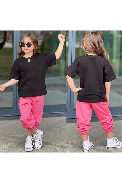 JOYBOY KİDS T-Shirt Sweatpants Top 2-Pack Unprinted Girl's Set